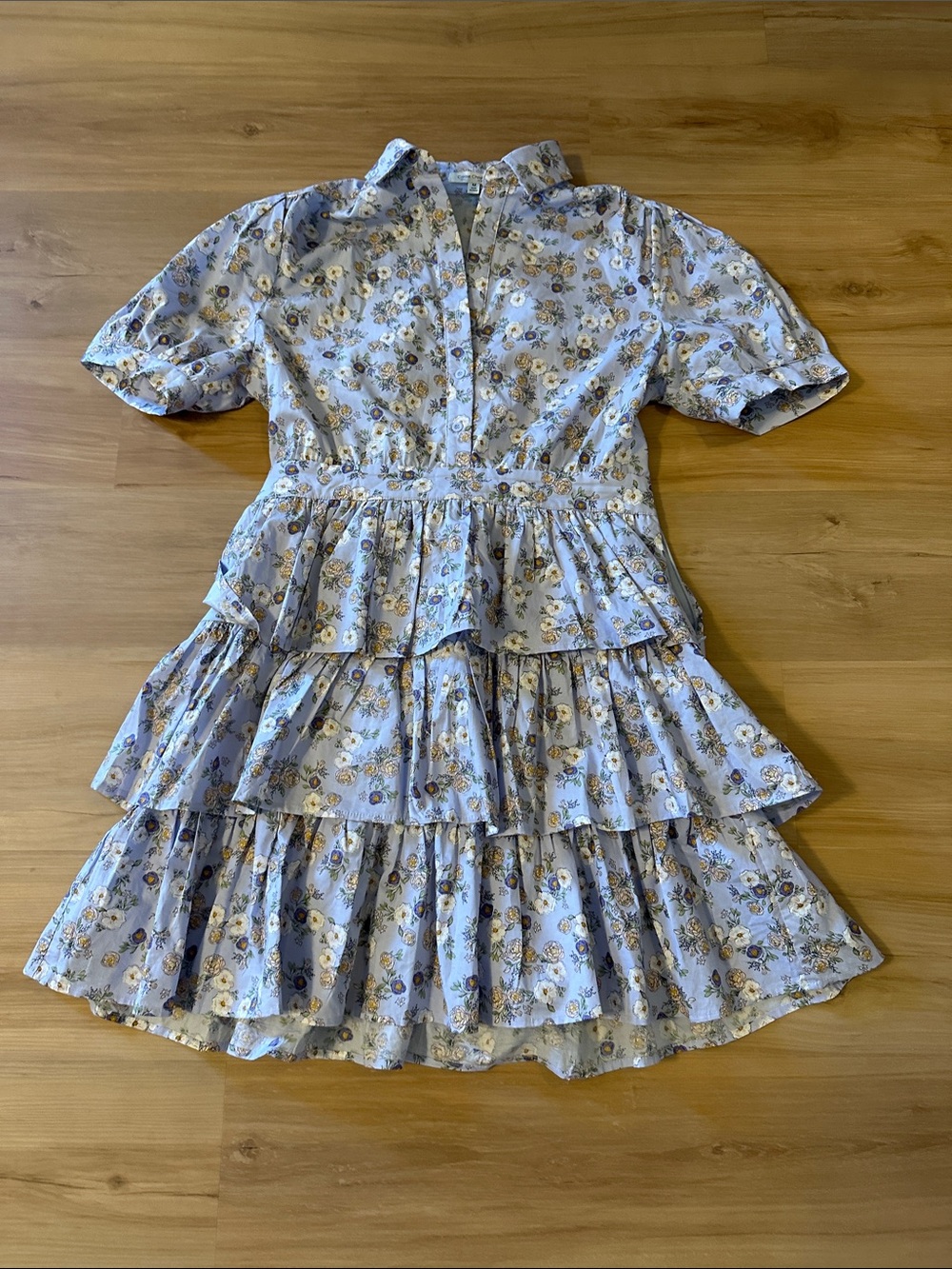 Tiered Floral Mini Dress in Light Blue with Puff Sleeves